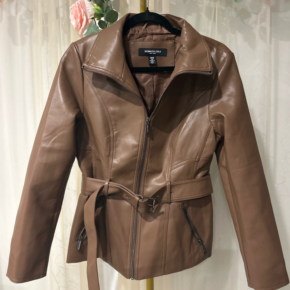 Kenneth Cole Brown Faux Leather Jacket Belted Moto Jacket Size S Zip Up